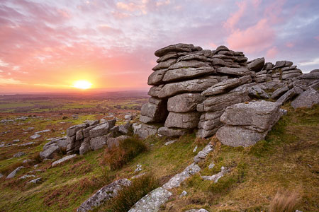 Pink sunset over Pew Tor, Dartmoor